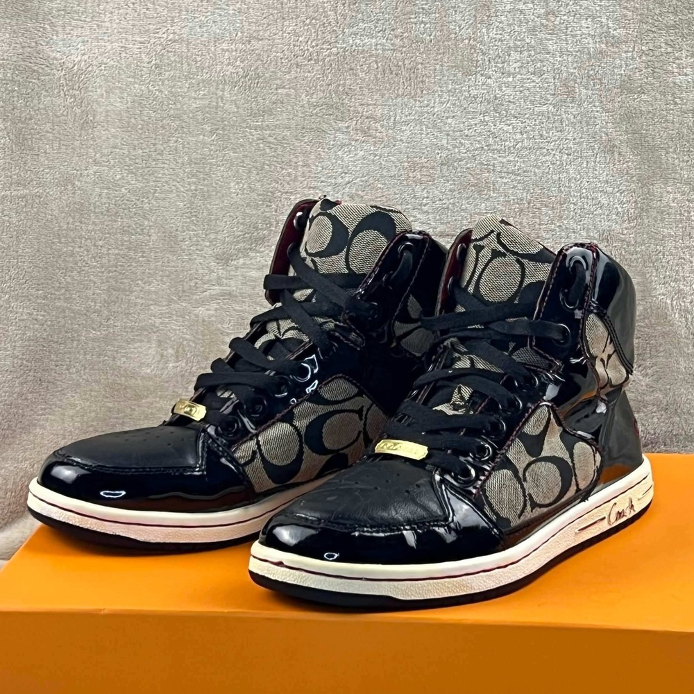 Coach Norra Womens Black Signature Jacquard Patent Leather High Top Sneakers 6.5
